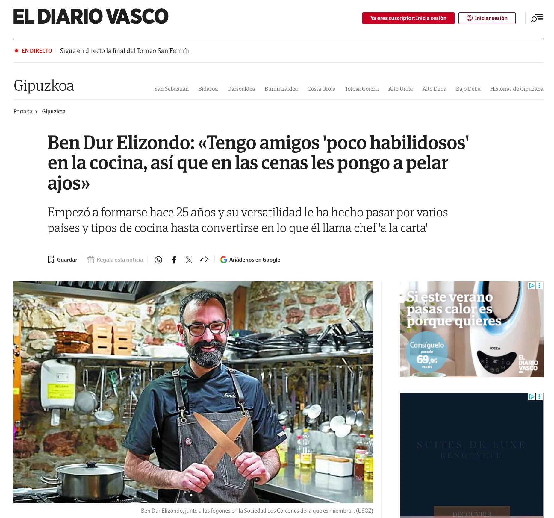 El Diario Vasco — Ben Dur Elizondo: «Tengo amigos 'poco habilidosos' en la cocina, así que en las cenas les pongo a pelar ajos»