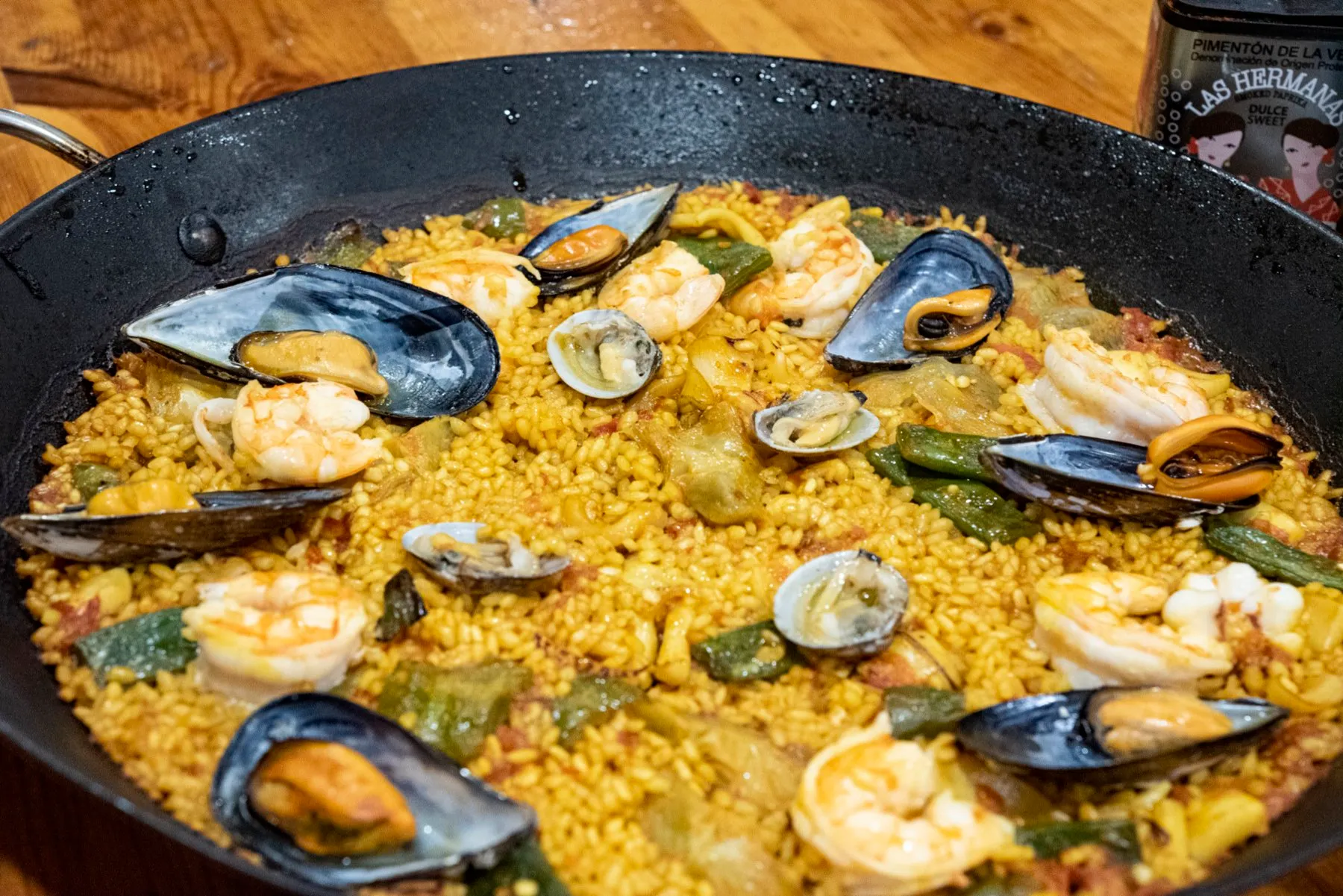 Finished seafood paella in the pan