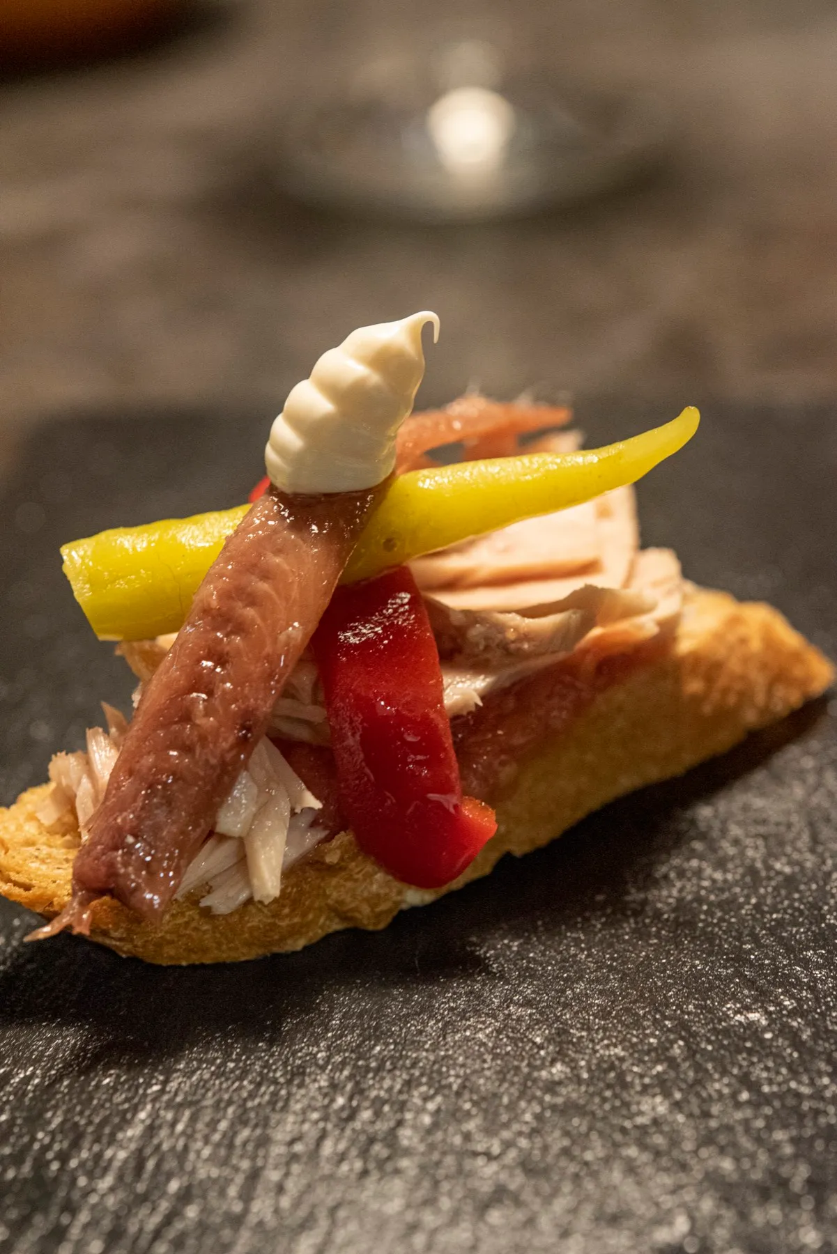 A classic San Sebastián pintxo on a bar