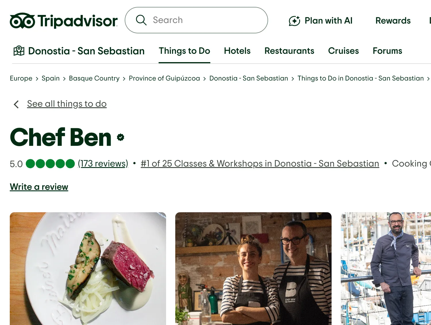 Chef Ben's real profile on TripAdvisor — 5.0, 173 reviews, #1 of 25