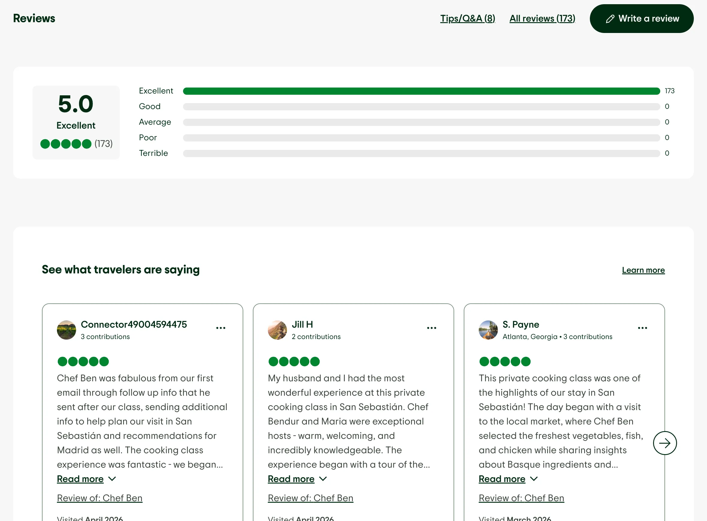 Real reviews on Chef Ben's TripAdvisor profile